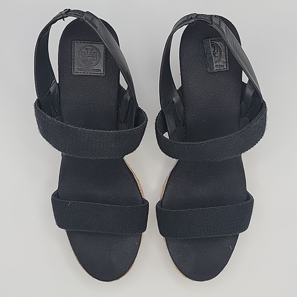 TORY BURCH Wedge Sandal Espadrille Slingback 2 Band Canvas & Leather Black US 10 - Picture 11 of 13